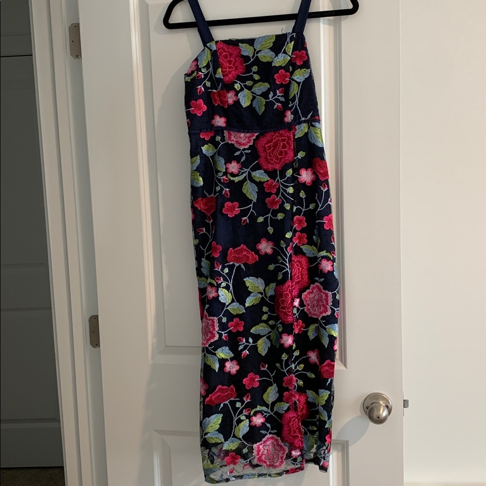 Sam Edelman Navy Dress w Floral Embroidery midi sleeveless size 0 NWT